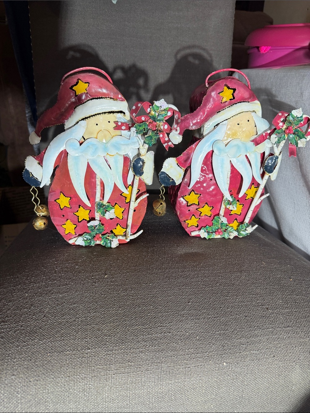 Set of 2 Metal Santa Votive Candle Holders.